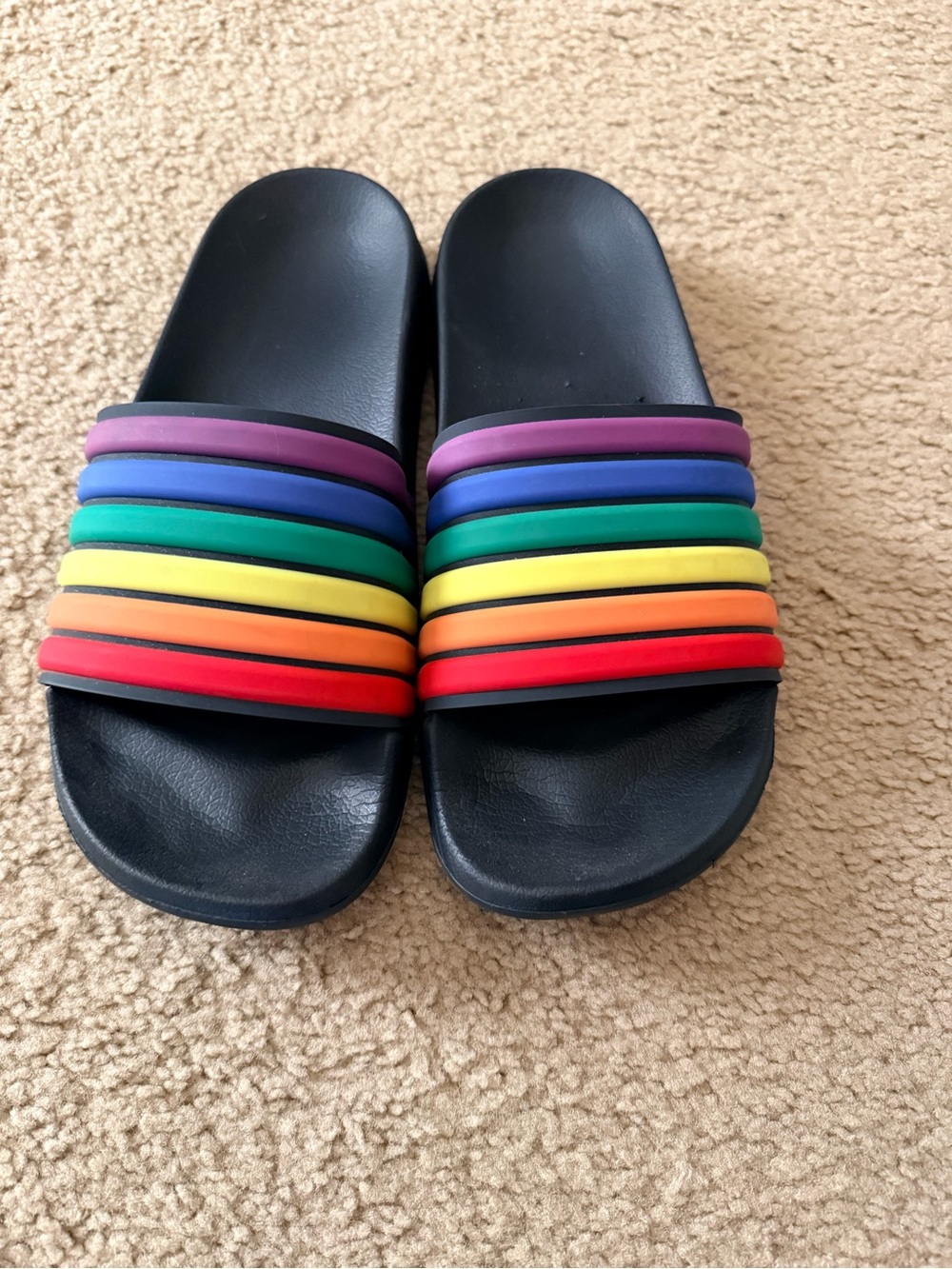 Rainbow Strap Black Slide Sandals